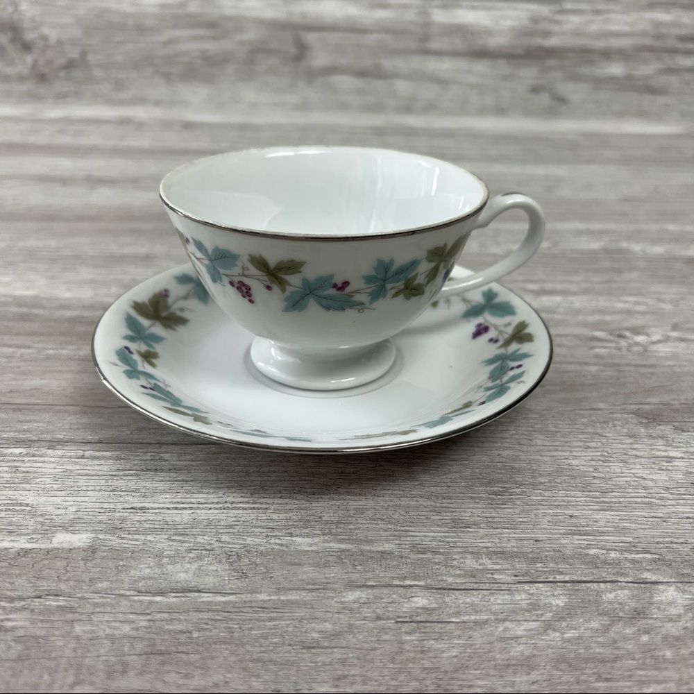 MSI 6701 Vintage fine China Japan Blue Floral Silver Rim tea cup & saucer